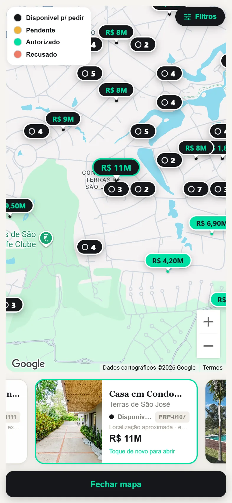 Tela do Prop.IA: mapa do condomínio com os imóveis da carteira, cada pino mostrando o preço e a cor indicando a situação da autorização.